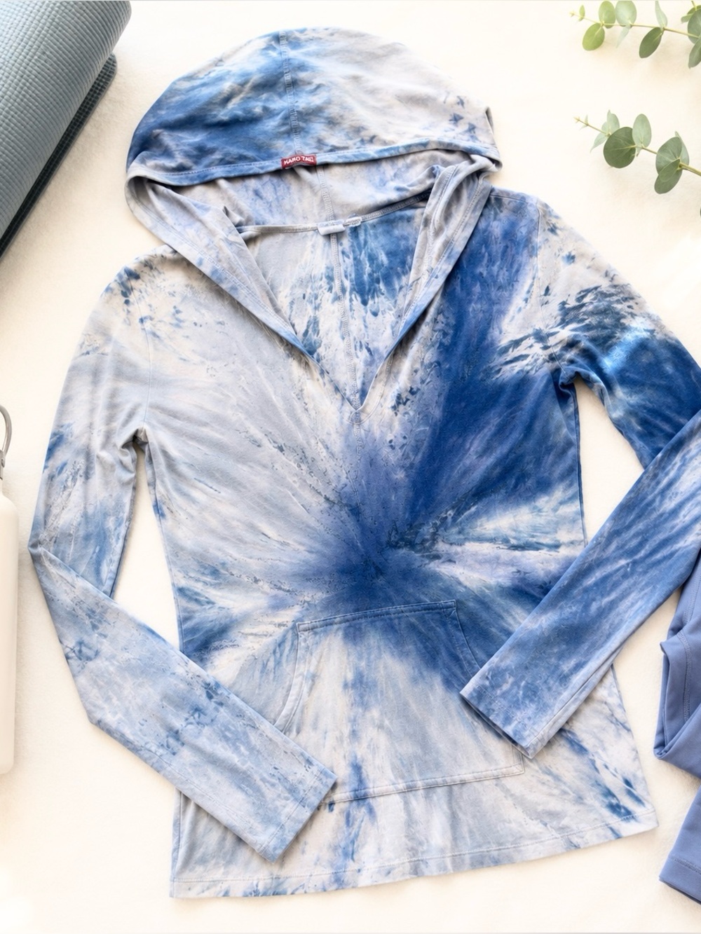 Hard Tail Blue Tie Dye Hooded Yoga Top | Lightweight Pilates Activewear Hoodie S